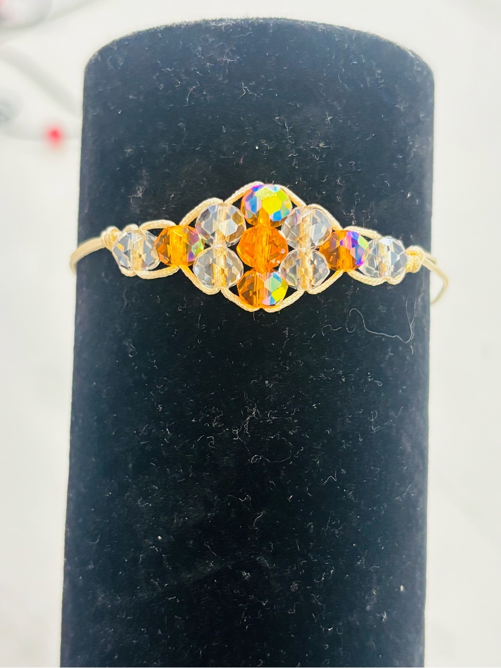 NWT Handmade Amber & Iridescent Crystal Macrame Bracelet Diamond Pattern